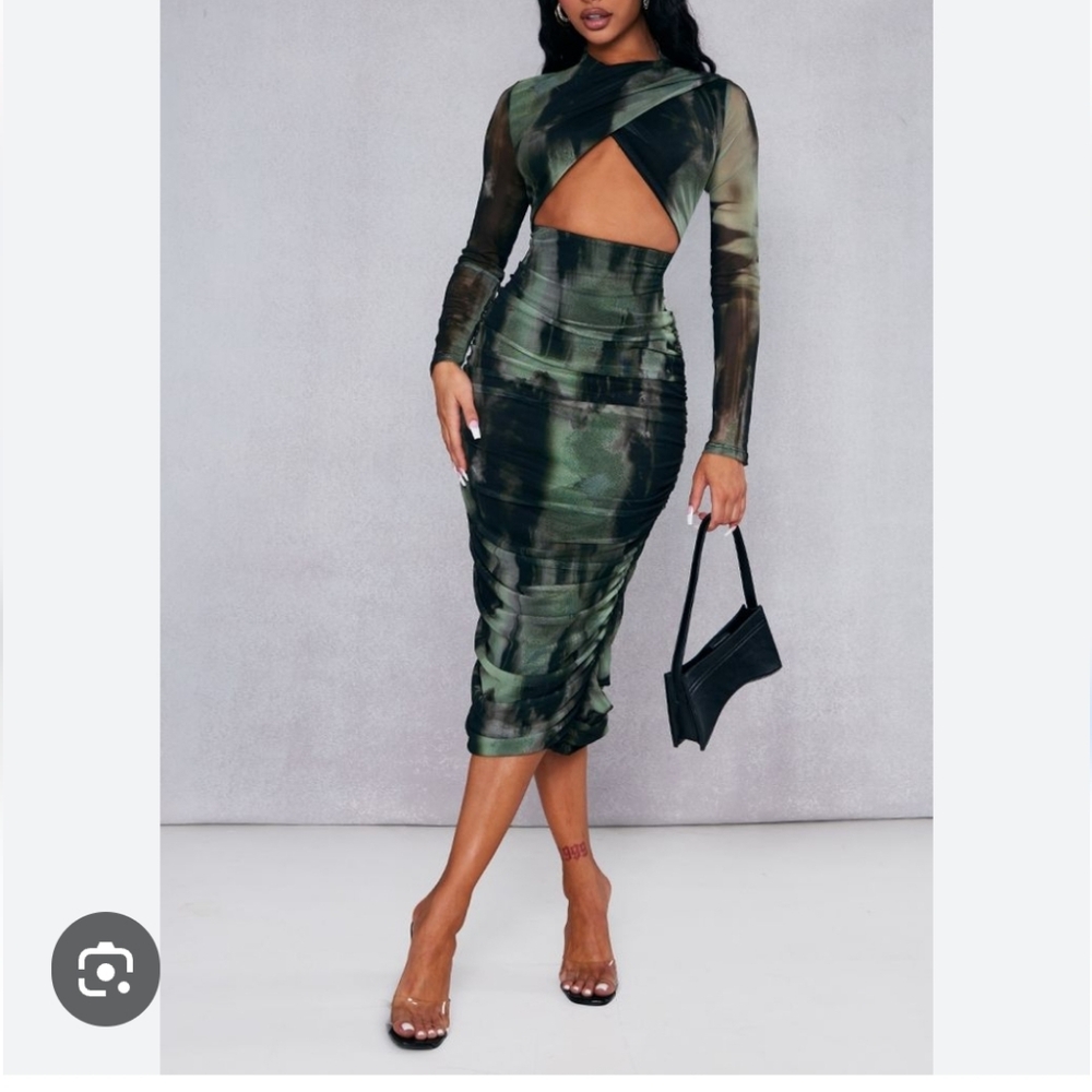Khaki Abstract print mesh wrap cut out midaxi dress
